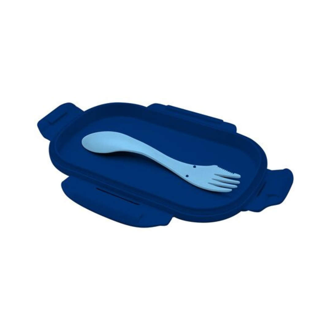 Recipiente azul escuro com colher-garfo azul clara