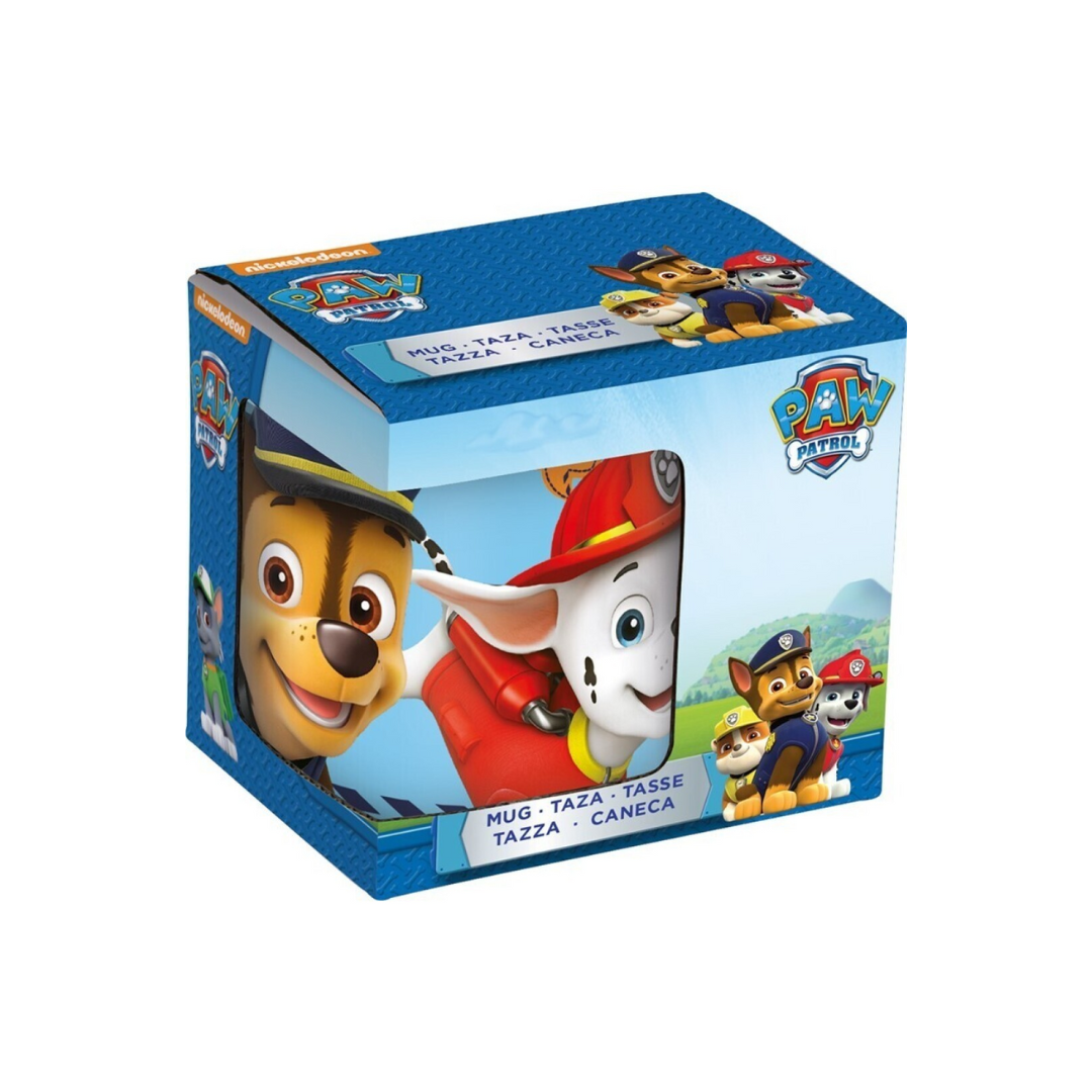 Caixa de caneca azul com personagens da PAW Patrol e texto multilingue