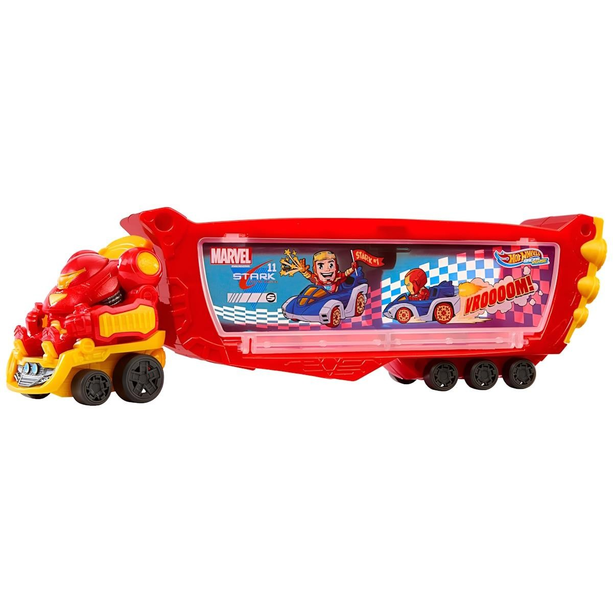 Camião de brinquedo vermelho e amarelo com decoração Marvel e Hot Wheels