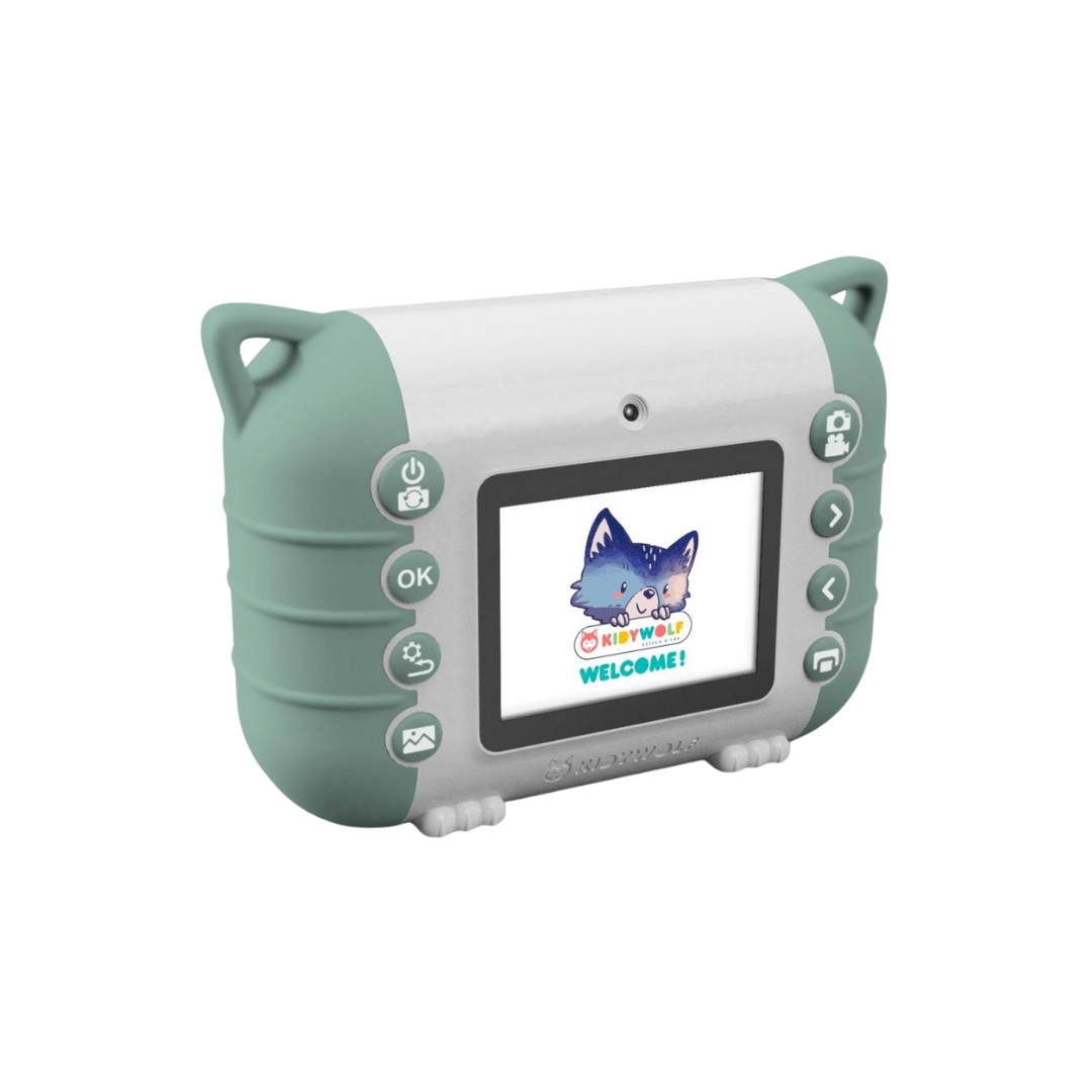 Dispositivo eletrônico infantil com ecrã colorido e capa verde com orelhas