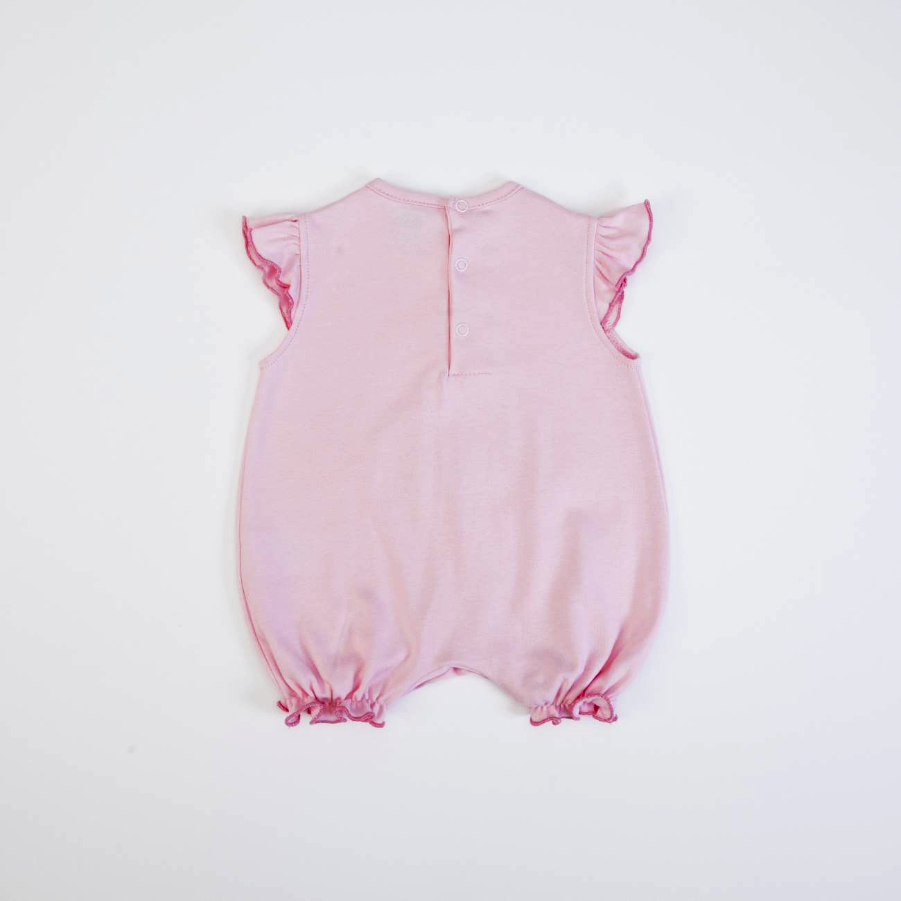 Macacão de bebé cor-de-rosa com mangas de babado e botões nas costas