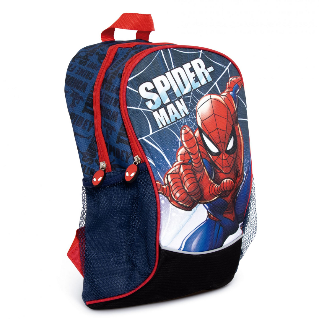 Mochila azul e vermelha com imagem do Homem-Aranha e texto SPIDER-MAN