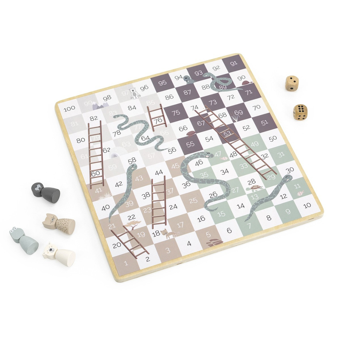 Tabuleiro de jogo Serpentes e Escadas em madeira com peças de jogo e dados.