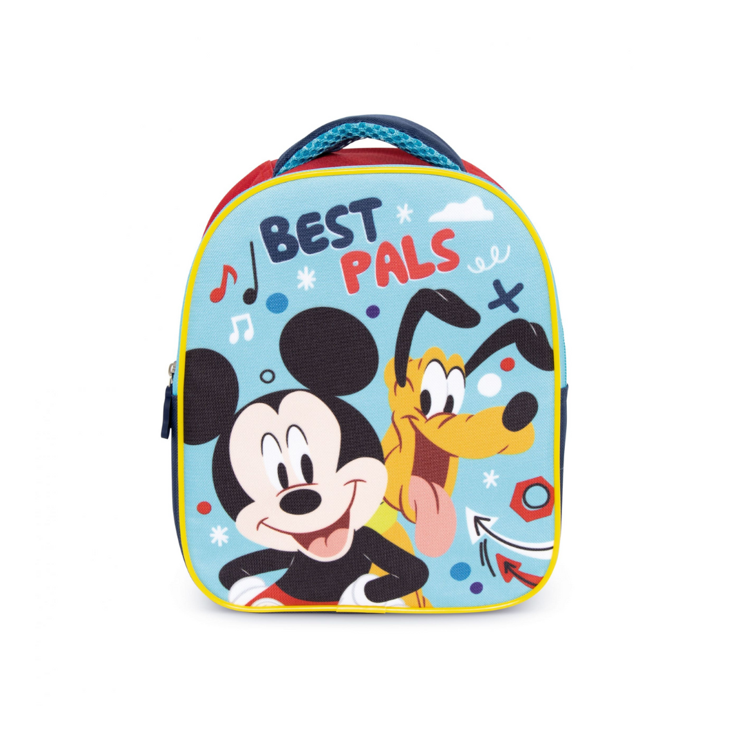 Mochila infantil azul com desenhos do Mickey e Pluto e texto BEST PALS
