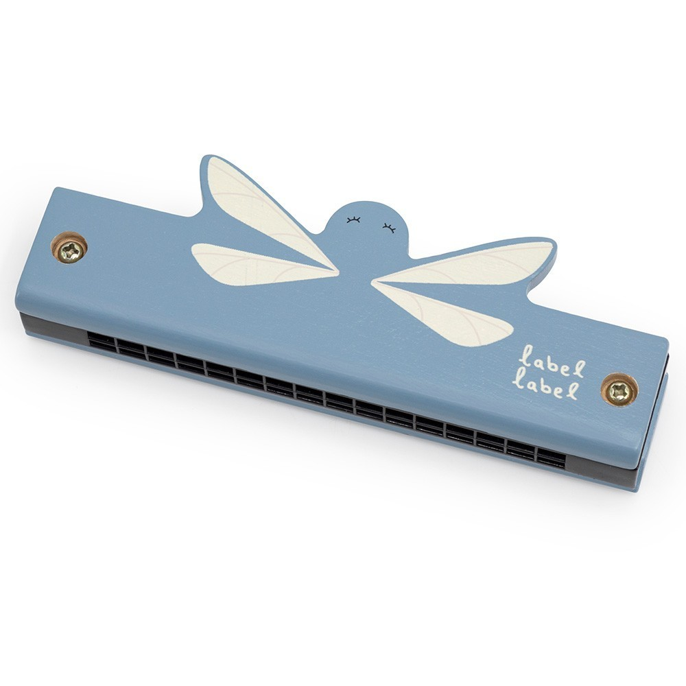Harmónica azul com asas brancas e texto label label