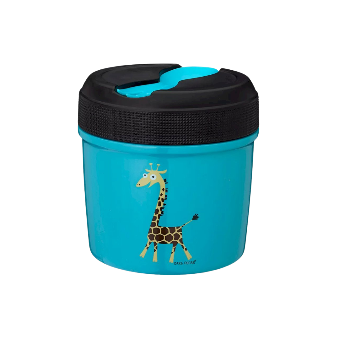 Pote azul com tampa preta e desenho de girafa.