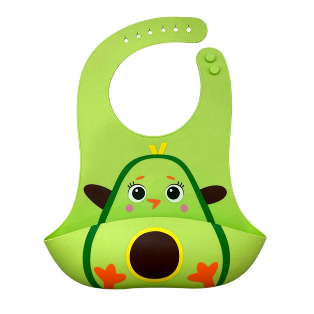 Babete de silicone verde claro com desenho de abacate sorridente e fecho de botões