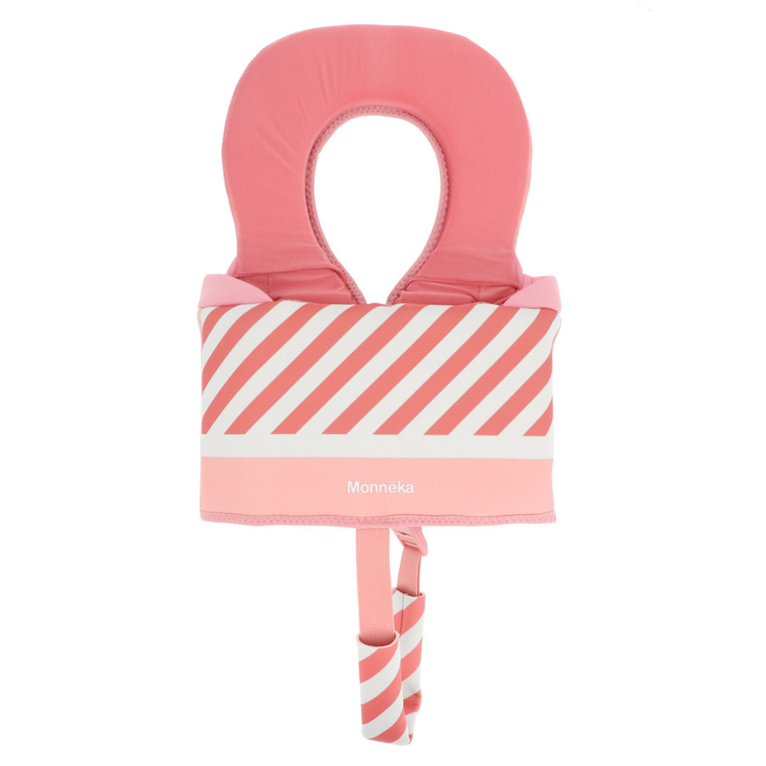 Colete salva-vidas infantil rosa com listas diagonais brancas e rosa e texto Monnëka
