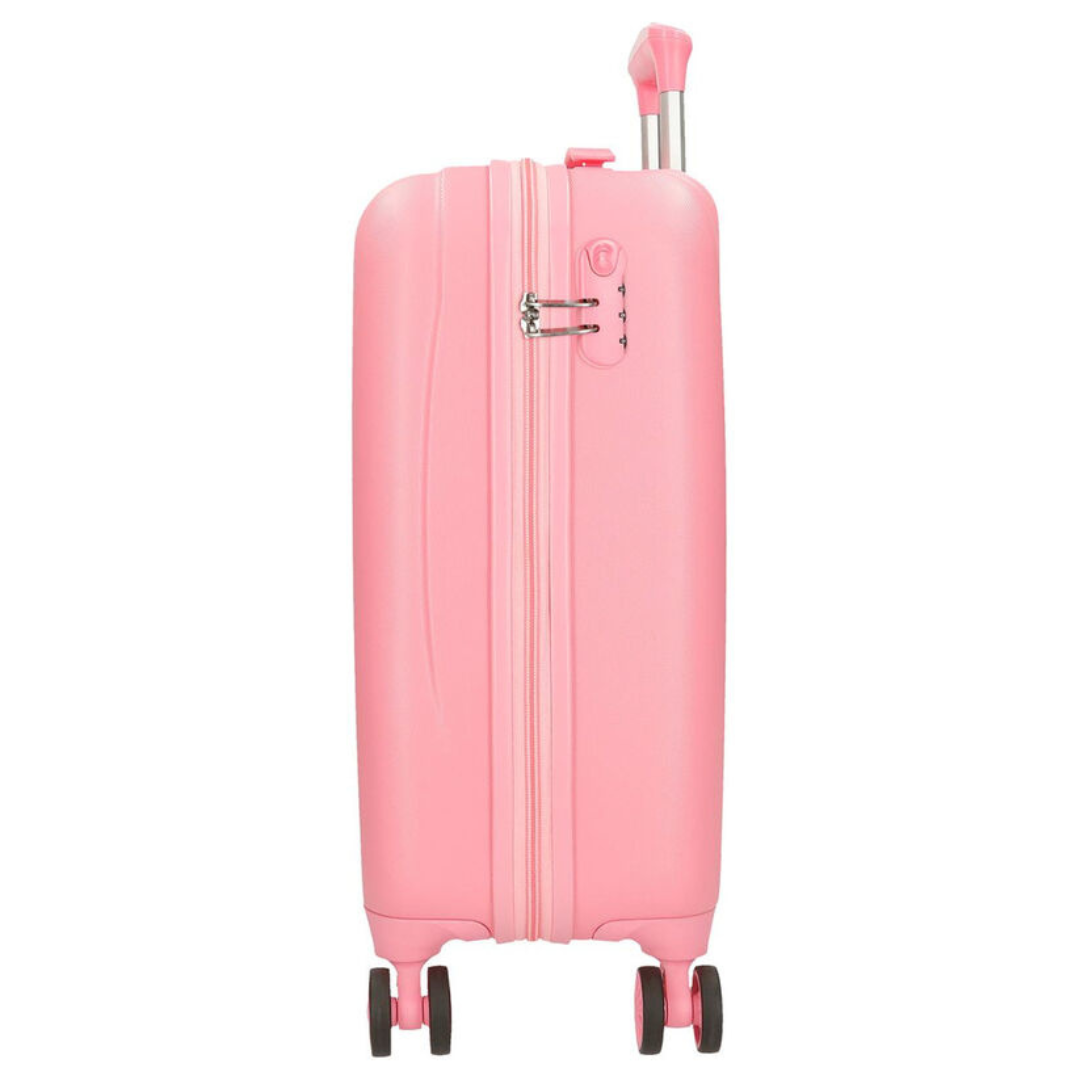 Mala de viagem rígida cor-de-rosa com rodas duplas e pega telescópica