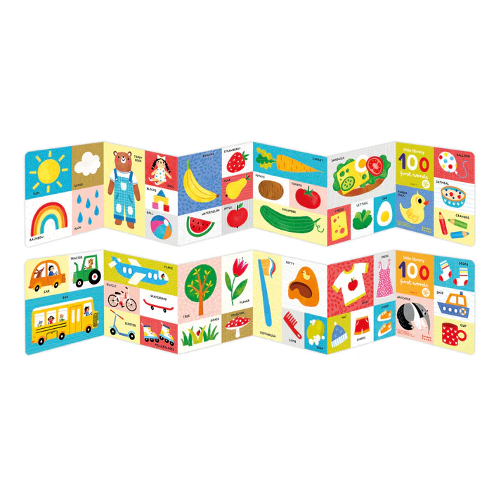 Livro infantil dobrável com imagens coloridas e palavras em inglês