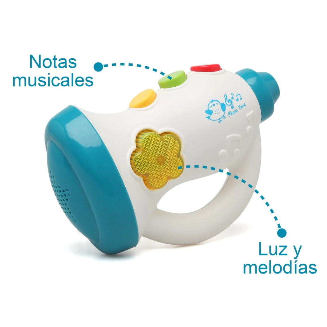 Brinquedo musical branco com botões coloridos e detalhes azuis