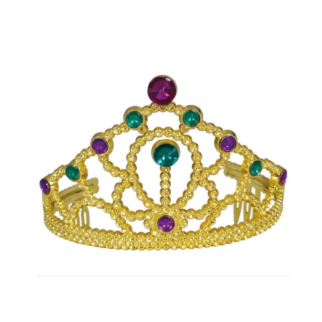 Tiara dourada com pedras falsas verdes e roxas e padrão de pequenas bolas