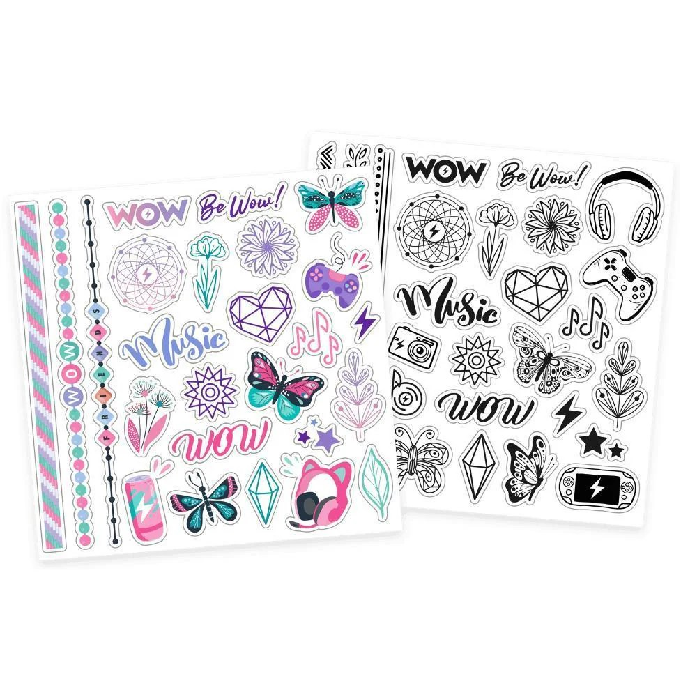 Folhas de autocolantes coloridos e a preto e branco com temas musicais e decorativos