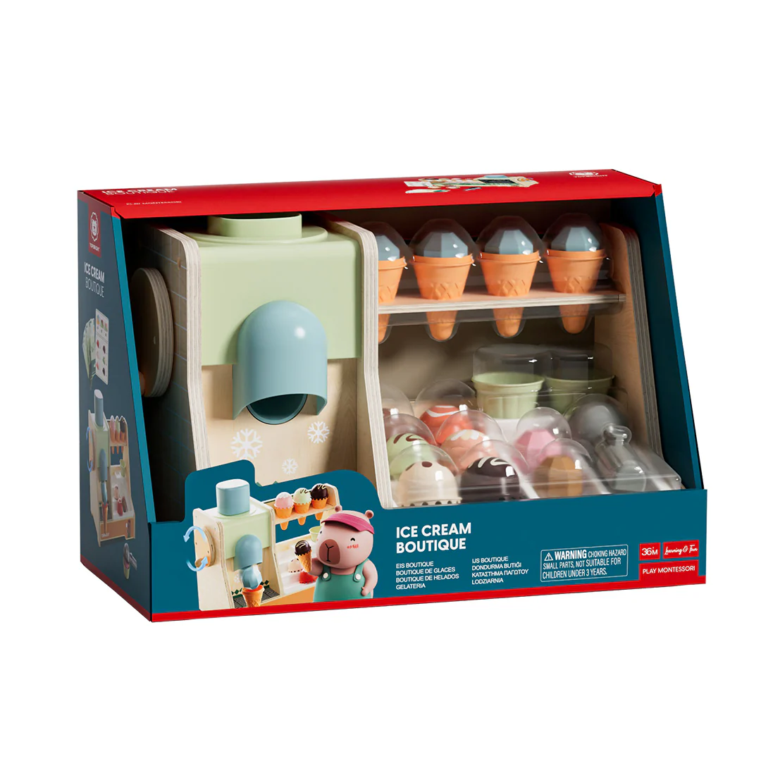 Conjunto de brinquedo de madeira Ice Cream Boutique com cones e bolas de gelado em embalagem colorida