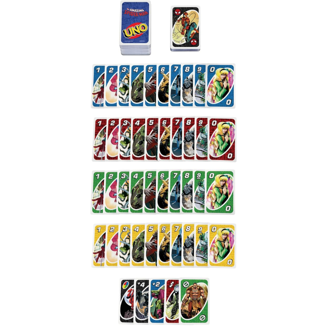 Cartas do jogo UNO temático Spider-Man organizadas por cor e tipo sobre fundo branco