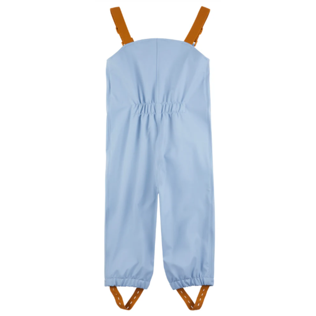 Calças impermeáveis azuis claras para crianças com alças castanhas
