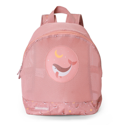 Mochila rosa com padrão e bolso rede
