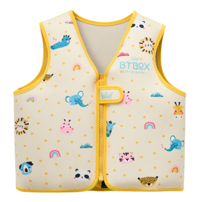 Colete infantil amarelo claro com estampado colorido de animais e arco-íris