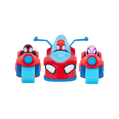 Três motos de brinquedo vermelhas e azuis com figuras de Spider-Man