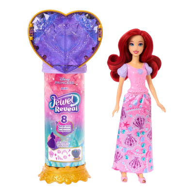 Boneca da princesa Ariel com vestido rosa e embalagem com coração roxo e base dourada.