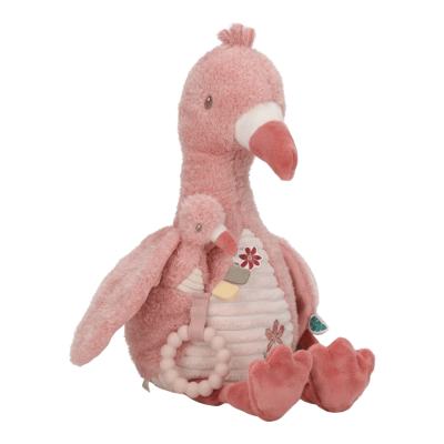 Pelucia cor-de-rosa de ave com detalhes bordados e anel de contas na barriga