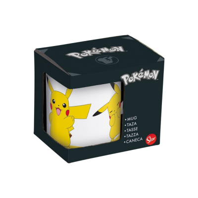 Caneca branca de cerâmica com imagens do Pikachu em caixa preta Pokémon