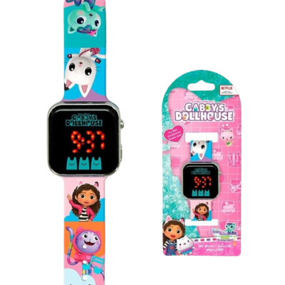 Relógio infantil digital com personagens coloridos e embalagem com o nome Gabby's Dollhouse