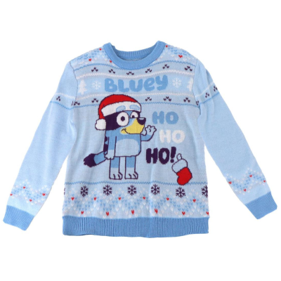 Camisola azul clara de malha com desenho natalício e texto 'BLUEY HO HO HO!'