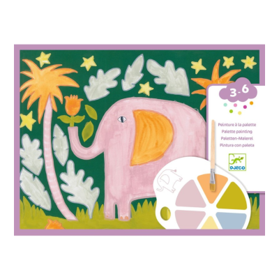 Conjunto de pintura infantil com elefante cor-de-rosa e paleta de tintas