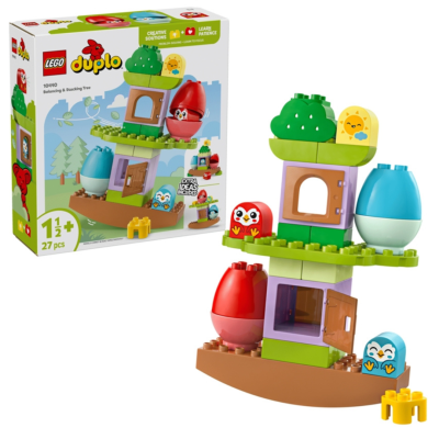 Brinquedo LEGO Duplo com árvore equilibrada e blocos coloridos