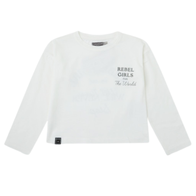 T-shirt branca de manga comprida com texto REBEL GIRLS run The World no peito