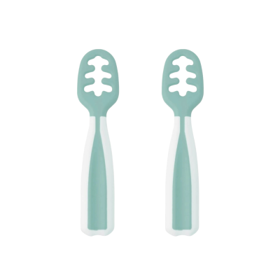 Duas colheres para esparguete verde-água com detalhes brancos e cabeças recortadas em forma de folha