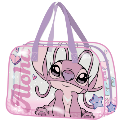 Mala transparente com personagem cor-de-rosa e texto Aloha e Angel