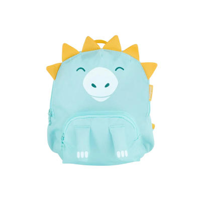 Mochila infantil azul clara com design de dinossauro e dentes amarelos