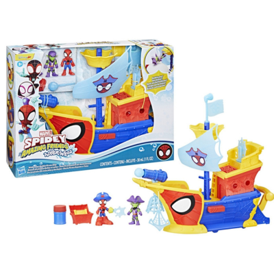 Brinquedo de barco pirata Homem-Aranha com figuras e acessórios coloridos