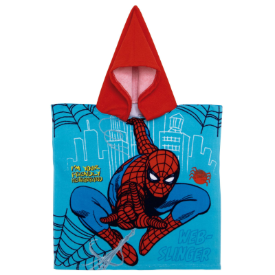 Poncho infantil azul com capuz vermelho e ilustração do Spider-Man