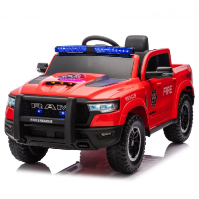 Carro de brinquedo elétrico vermelho estilo pickup RAM com luzes azuis e texto FIRE & RESCUE