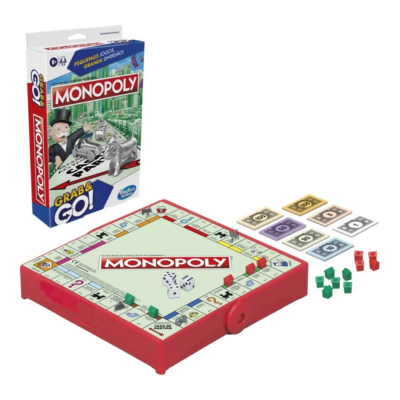 Jogo de tabuleiro Monopoly Grab & Go com tabuleiro, peças metálicas e dinheiro de jogo colorido