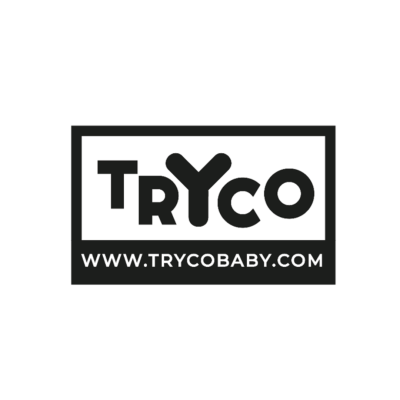 Logótipo preto e branco com texto TRYCO e URL WWW.TRYCOBABY.COM