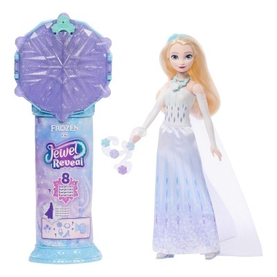 Boneca Elsa Disney Frozen com caixa roxa em formato de floco de neve.