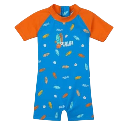 Fato de banho infantil azul e laranja com estampado de pranchas e texto ALOHA