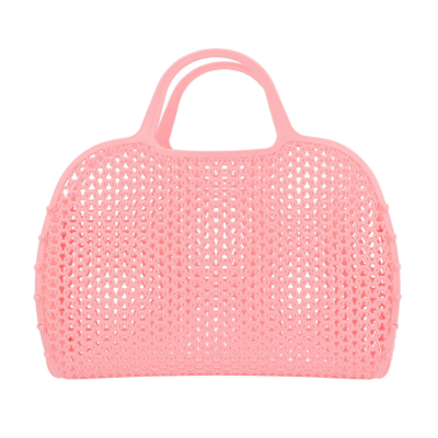Mala de mão rosa em plástico com padrão de malha trançada