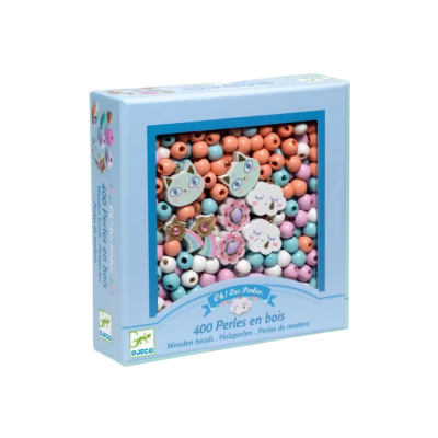 Caixa azul com 400 contas de madeira coloridas e decorativas em tons pastel