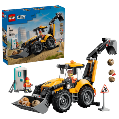 Conjunto LEGO City de retroescavadora com minifigura e acessórios