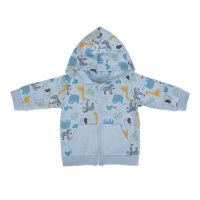 Casaco de bebé azul claro com padrão de animais e capuz