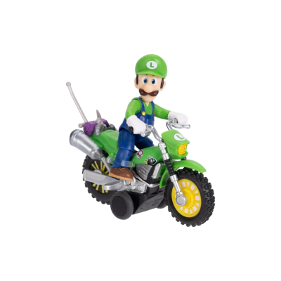 Figura de personagem em moto verde com boné e macacão azul e verde.