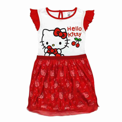 Vestido infantil Hello Kitty branco e vermelho com estampa e saia com padrão da personagem