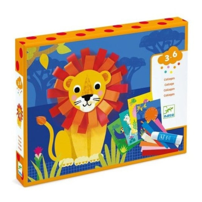 Conjunto de colagens Djeco com imagem de leão e materiais de papel colorido.