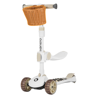 Trotinete infantil branca com cesto de vime castanho claro e rodas com textura marrom