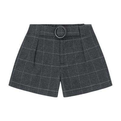 Calções curtos cinzentos com padrão xadrez e cinto circular preto